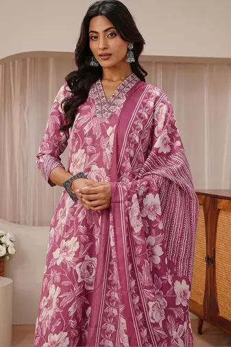 libas pink floral printed straight suit set