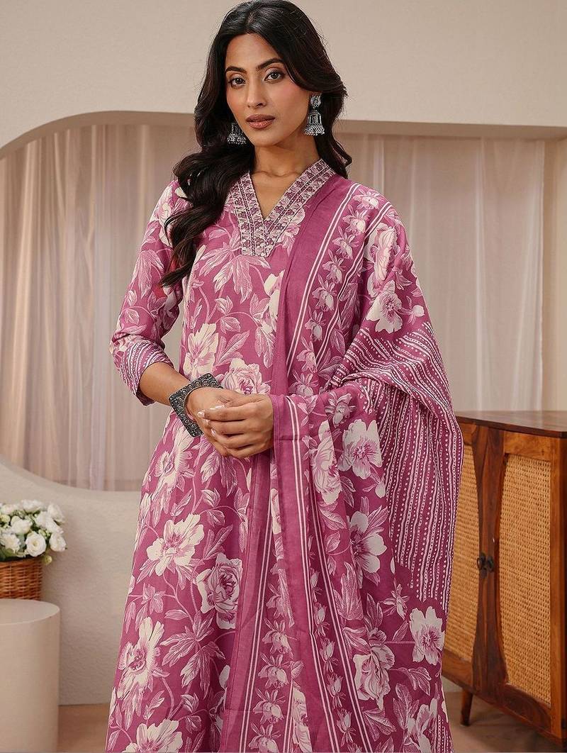 libas pink floral printed straight suit set