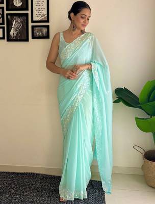 Blue floral sequinned  georgette saree 1