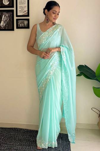 Blue floral sequinned  georgette saree