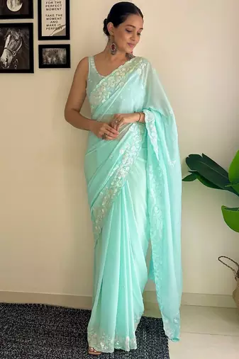 Blue floral sequinned  georgette saree