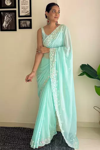 Blue floral sequinned  georgette saree