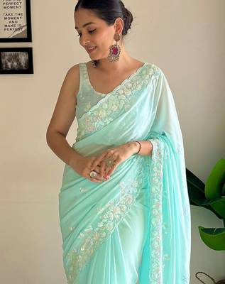 Blue floral sequinned  georgette saree 3
