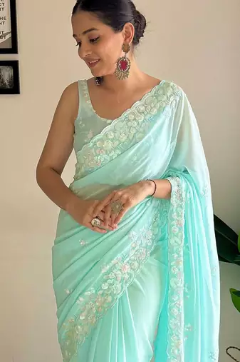Blue floral sequinned  georgette saree