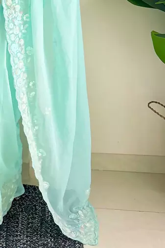 Blue floral sequinned  georgette saree