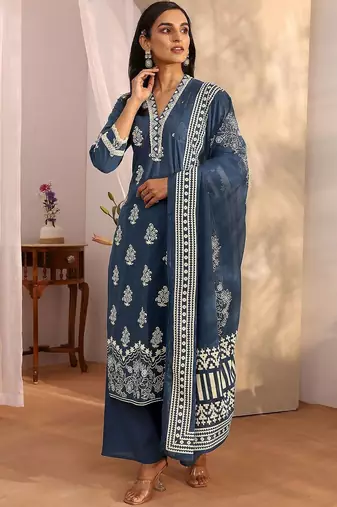 women ethnic motifs printed regular thread work kurta with palazzos & with dupatta