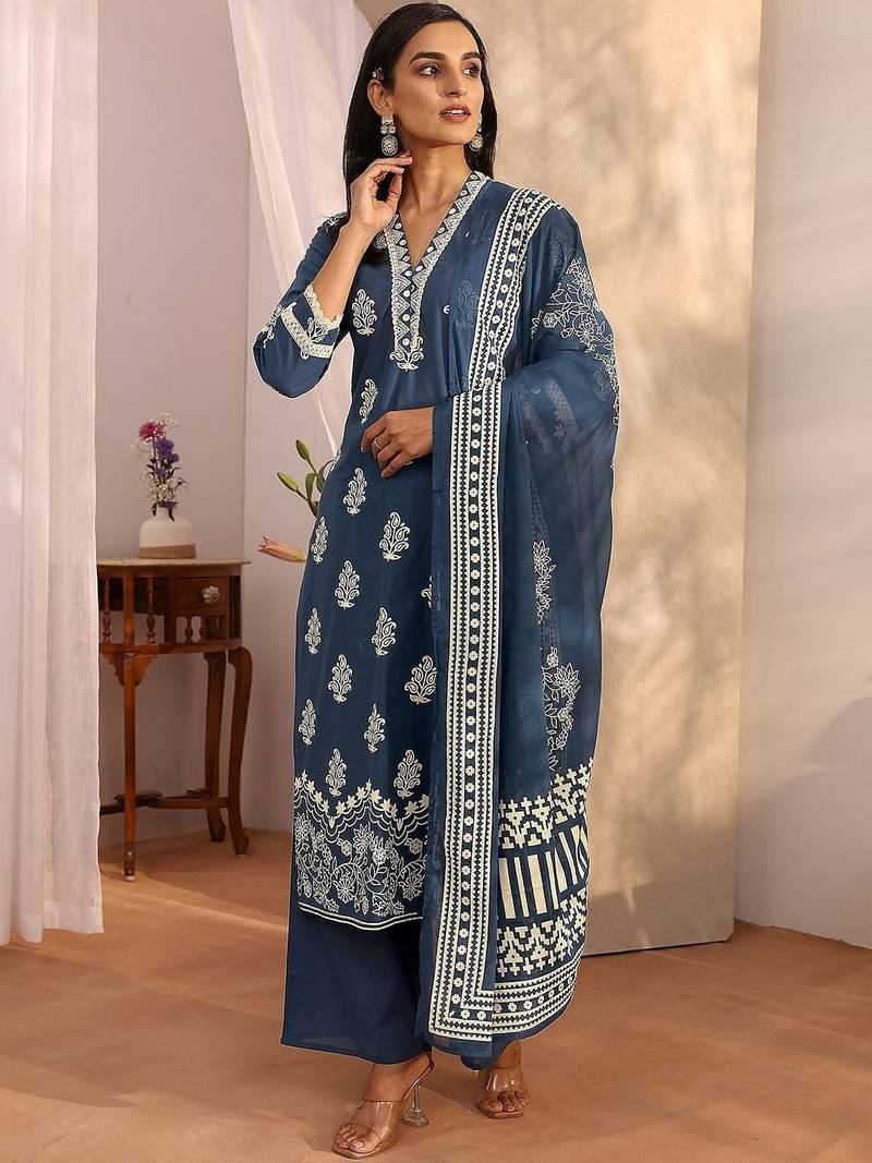 women ethnic motifs printed regular thread work kurta with palazzos & with dupatta