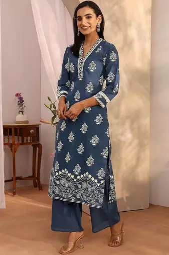 women ethnic motifs printed regular thread work kurta with palazzos & with dupatta