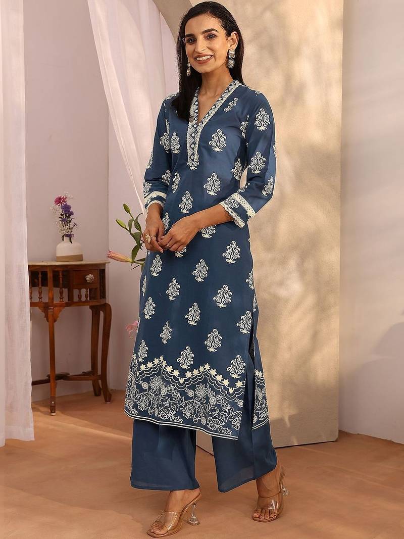 women ethnic motifs printed regular thread work kurta with palazzos & with dupatta