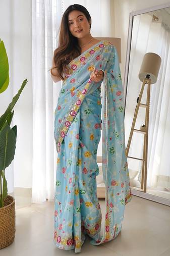 Blue floral printed sequinned saree