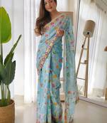 Blue floral printed sequinned saree