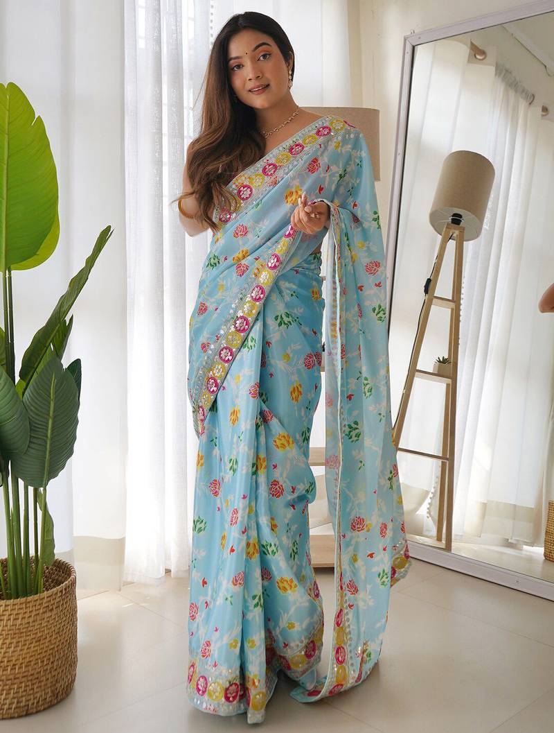 Blue floral printed sequinned saree