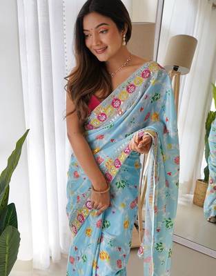Blue floral printed sequinned saree 2