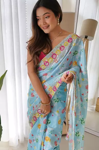 Blue floral printed sequinned saree