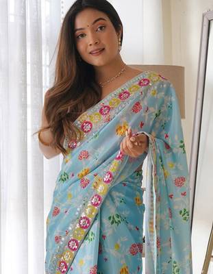 Blue floral printed sequinned saree 3