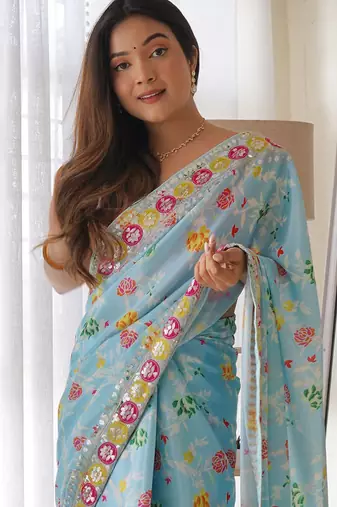Blue floral printed sequinned saree