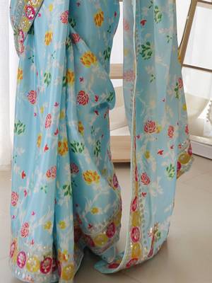 Blue floral printed sequinned saree 4