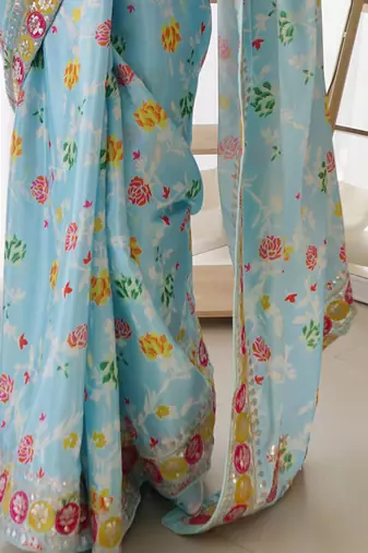 Blue floral printed sequinned saree