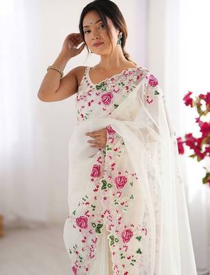 Off white embroidered net saree 1