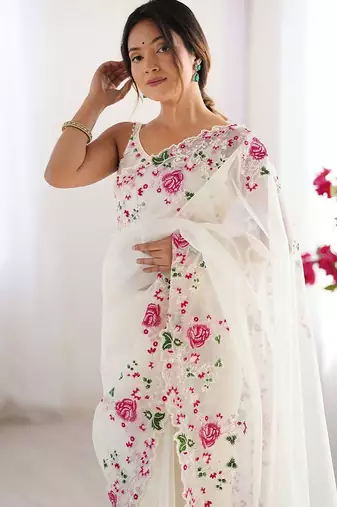 Off white embroidered net saree