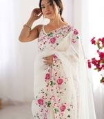 Off white embroidered net saree