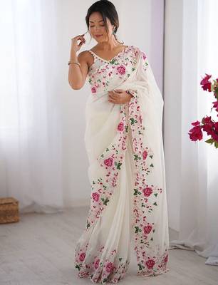 Off white embroidered net saree 2