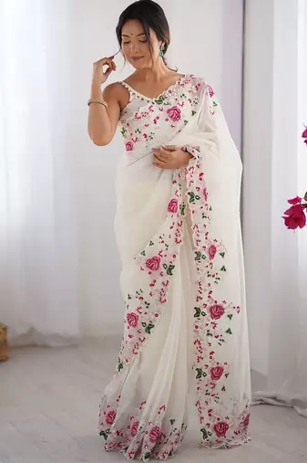 Off white embroidered net saree