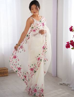 Off white embroidered net saree 3