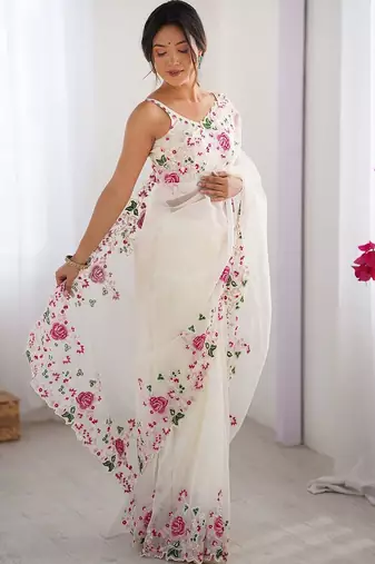 Off white embroidered net saree
