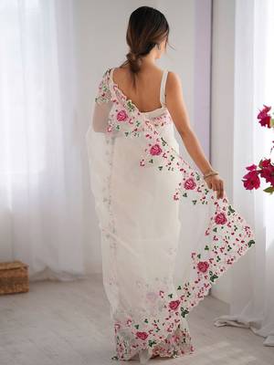 Off white embroidered net saree 4
