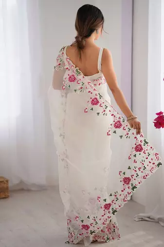 Off white embroidered net saree