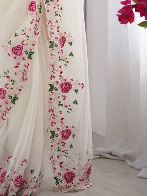Off white embroidered net saree 5