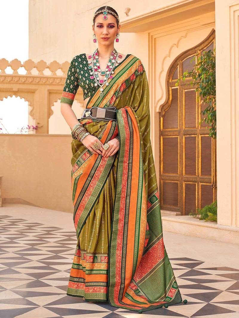 Olive woven design jaali silk blend saree