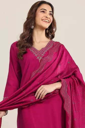 ethnic motifs yoke design straight sequinned kurta with trousers & dupatta
