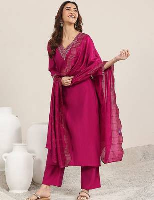 ethnic motifs yoke design straight sequinned kurta with trousers & dupatta 1