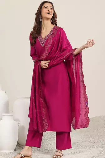 ethnic motifs yoke design straight sequinned kurta with trousers & dupatta