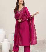 ethnic motifs yoke design straight sequinned kurta with trousers & dupatta