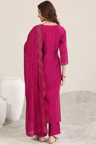 ethnic motifs yoke design straight sequinned kurta with trousers & dupatta