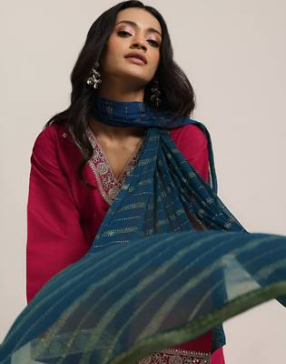 ethnic motifs embroidered v-neck straight kurta with trousers & dupatta 2