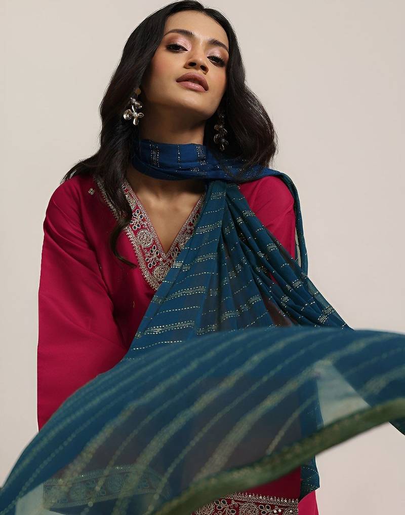 ethnic motifs embroidered v-neck straight kurta with trousers & dupatta