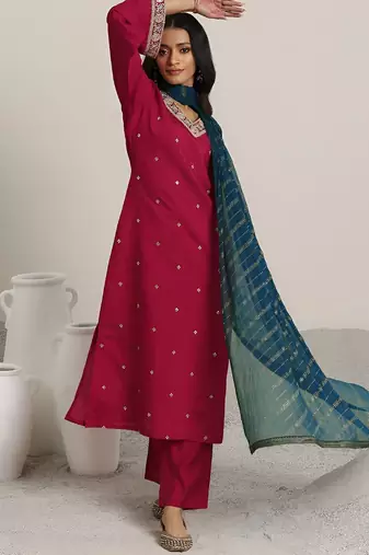 ethnic motifs embroidered v-neck straight kurta with trousers & dupatta