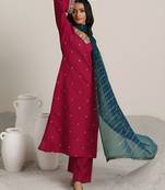 ethnic motifs embroidered v-neck straight kurta with trousers & dupatta
