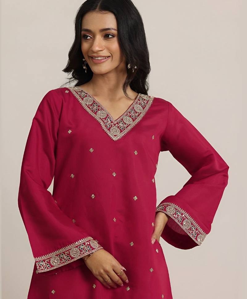 ethnic motifs embroidered v-neck straight kurta with trousers & dupatta