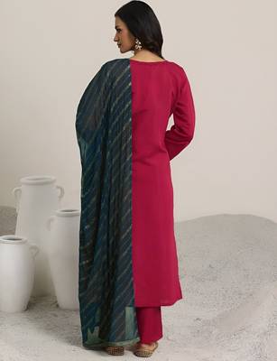 ethnic motifs embroidered v-neck straight kurta with trousers & dupatta 6