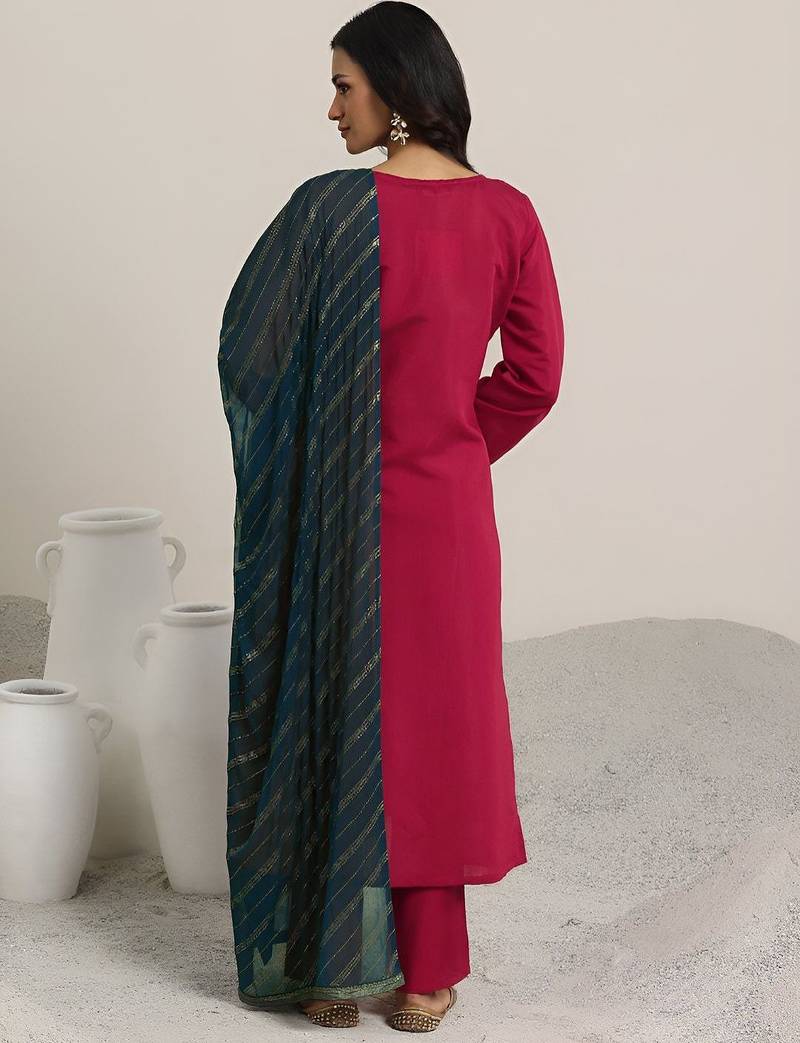 ethnic motifs embroidered v-neck straight kurta with trousers & dupatta