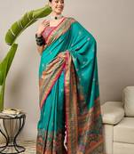 Teal floral printed banarasi saree with matching blouse