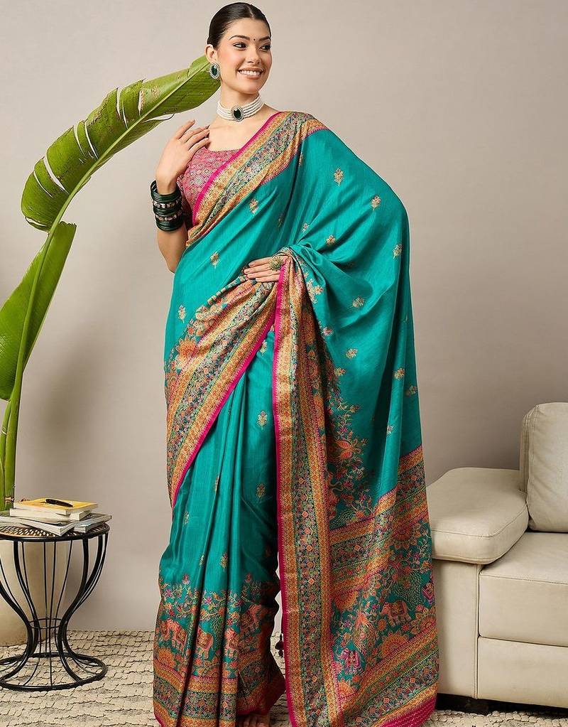 Teal floral printed banarasi saree with matching blouse