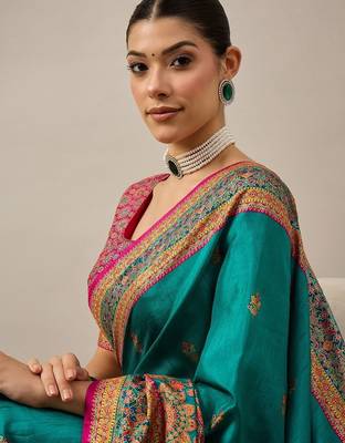 Teal floral printed banarasi saree with matching blouse 2
