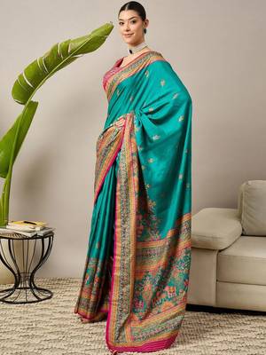 Teal floral printed banarasi saree with matching blouse 3