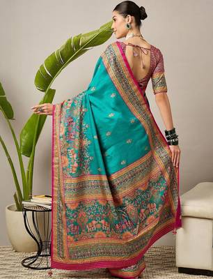 Teal floral printed banarasi saree with matching blouse 4